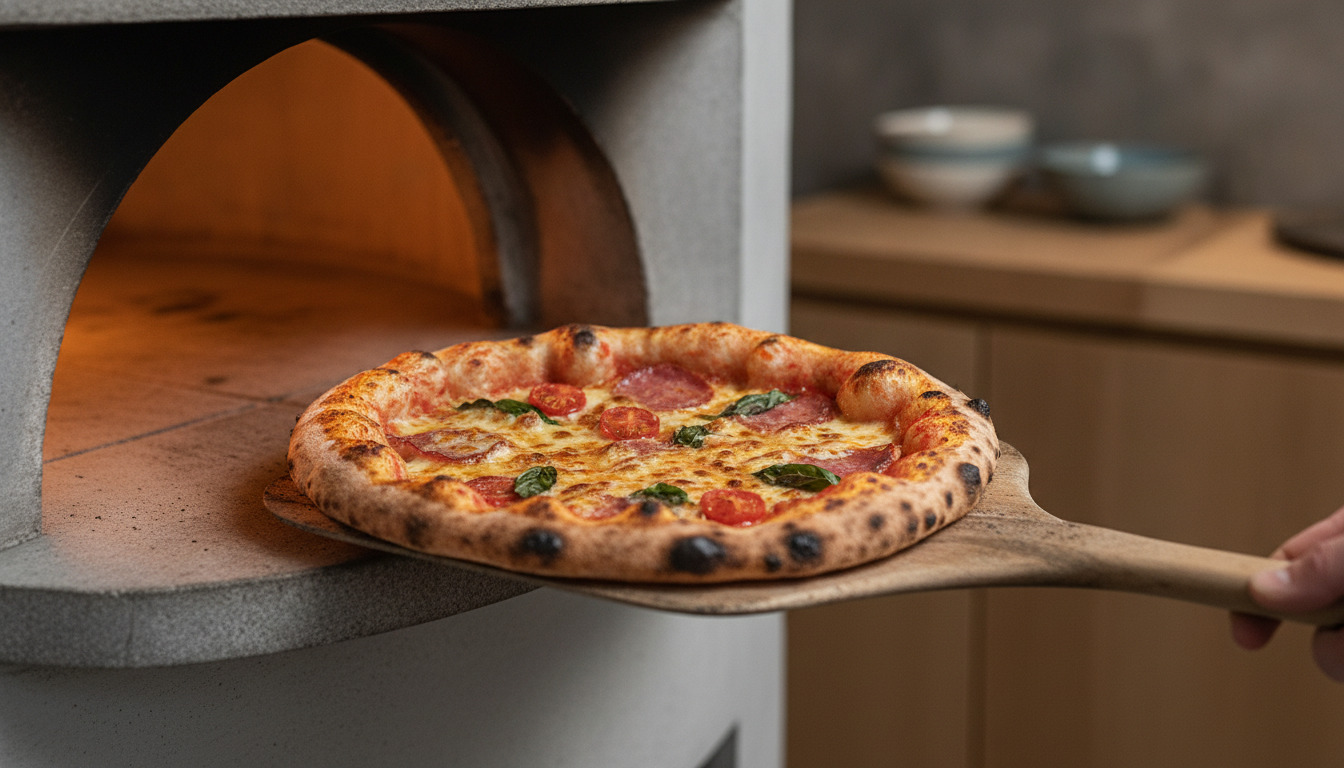 Friskbagt pizza på træske med smeltost, pålæg og karridressing, lige fra ovnen.