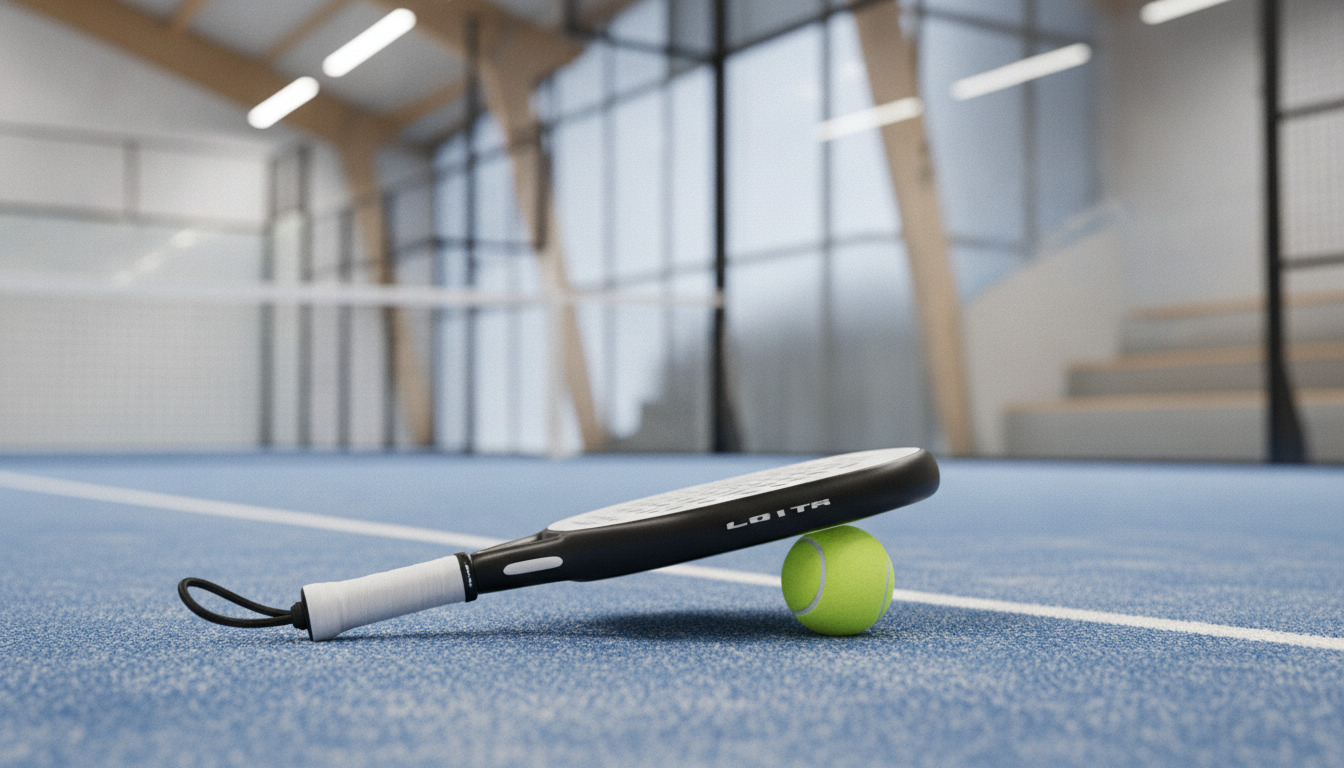Tætning af en padeltennisketcher og bold på en blå indendørsbane.