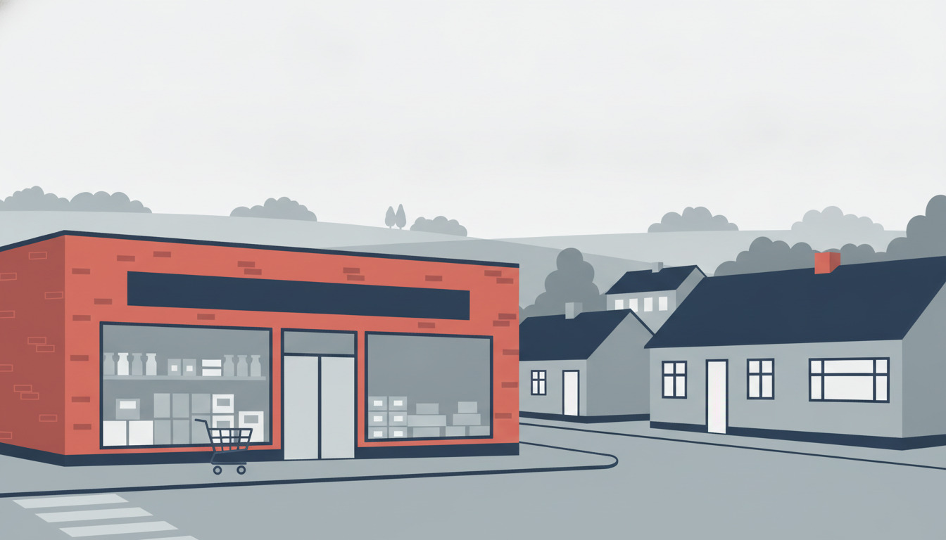 Fladvektor-illustration af en rød-mursten rabatgrocerybutik med store udstillingsruder på en gadeej i Ryomgård, bolighuse og landdistrikt derudover.
