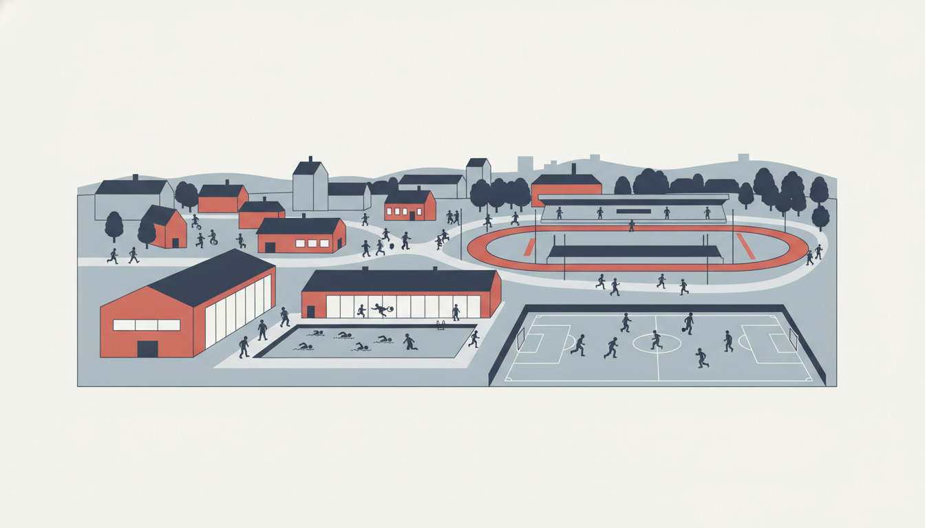 Farverig fladvektor-illustration af et dansk sportscenter med rødt idrætshal, svømmehalpladsbygning, atletikstadion med løbebane, fodboldbane og lokalsamfundsmedlemmer engageret i forskellige sportsaktiviteter.