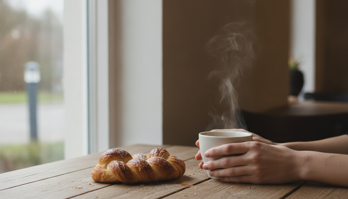 Tæt på af varmt kaffe i krus og nybagt bagværk på træbord, hænder holder koppen.