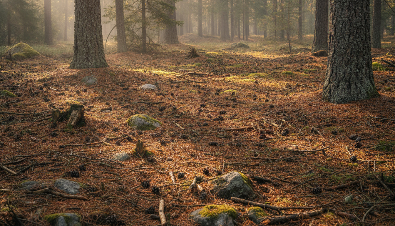 Barskoven med mørk skovbund, fyrrenaale, mørkegrå stene og mosseklødt, set i diffust nordisk lys.