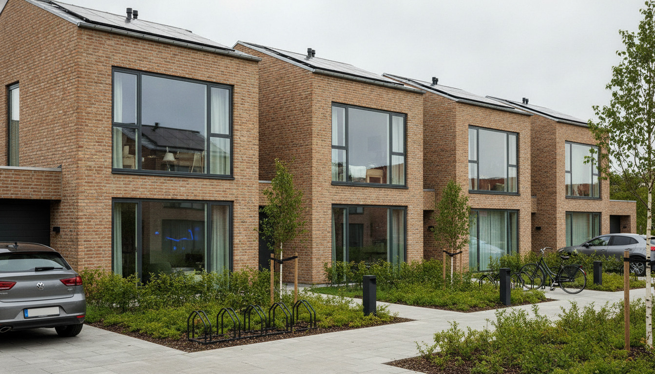 Lukket boligkvarter med moderne murstenshuse, store vinduer og grønne områder mellem enhederne.