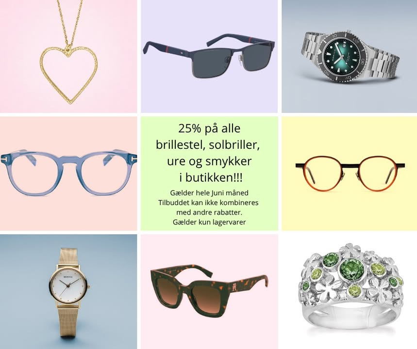 NYT SYN Brøndum Jeppesen Brovst holder udsalg med 25% på brillestel, solbriller, ure og smykker i juni