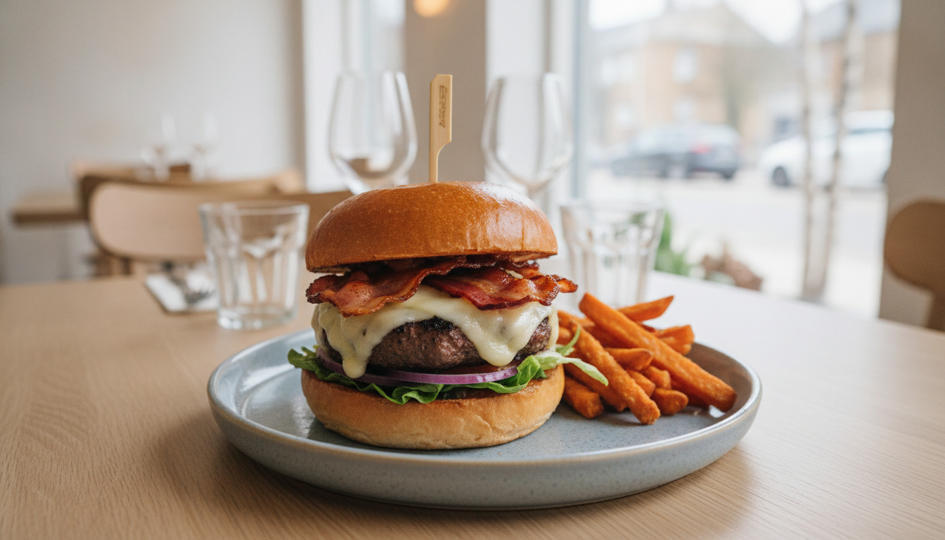 Næropsnitning af en gourmet burger med smeltende ost, sprød bacon og briochebrød på keramiktallerken.
