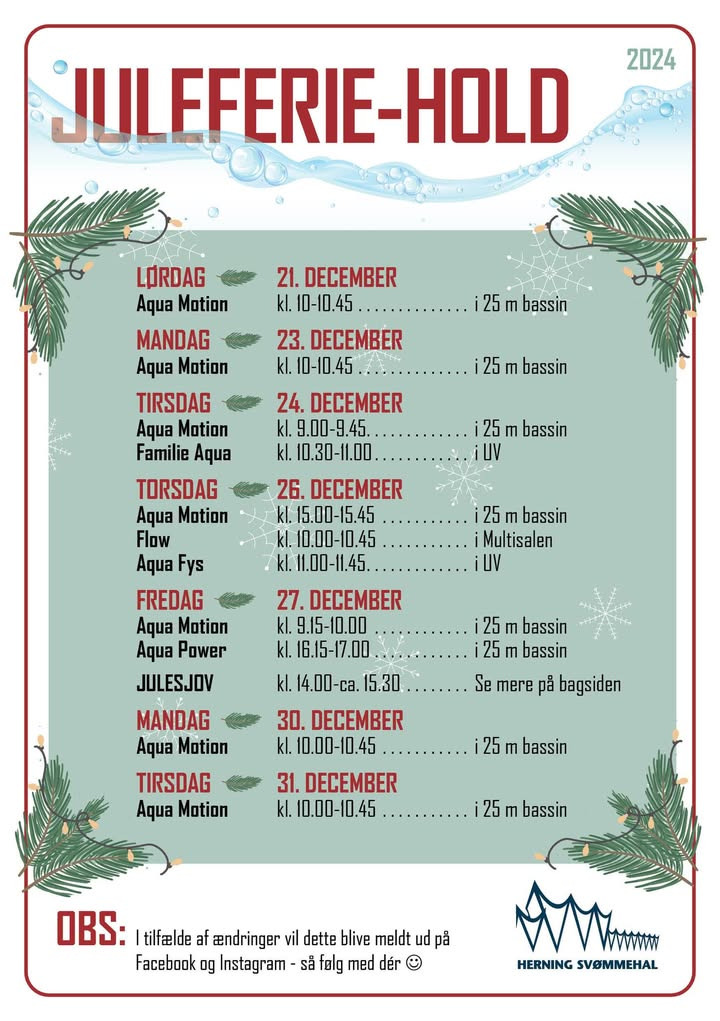 Herning Svømmehal: Juleferie til motionsholdene fra 20. december, men juleferiehold tilbydes
