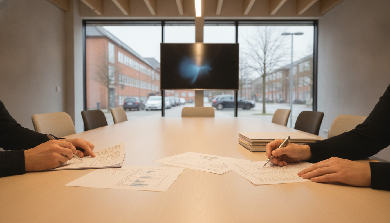 Tæt billede af hænder, der arbejder med dokumenter ved et møde- eller arbejdsbord under varm belysning.