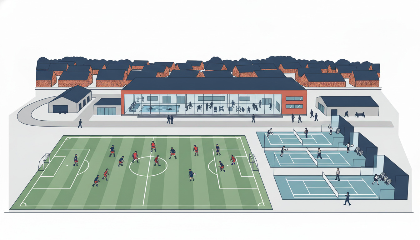 Hornbæk sportshub med fodboldbane, tennis- og padelbaner, moderne rødt mursten sportsfacilitet med synligt svømmebassinet og fitnesscenter, boligtaglinje og forskellige atleter i aktivitet.