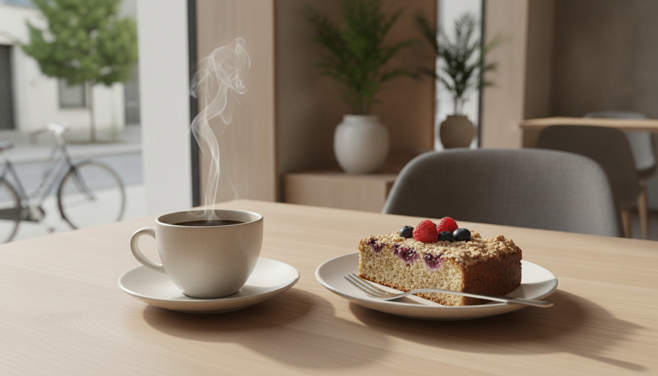 Dampende kaffekop med tallerken og kageskive med bær på træbord.