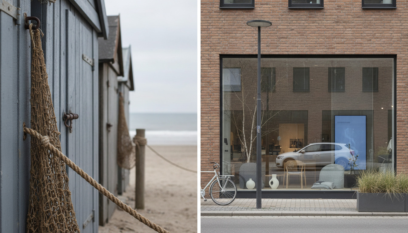 Split-screen: til venstre fiskegarn ved strandkiosk, til højre moderne nordisk designdetaljer i tæt snit.