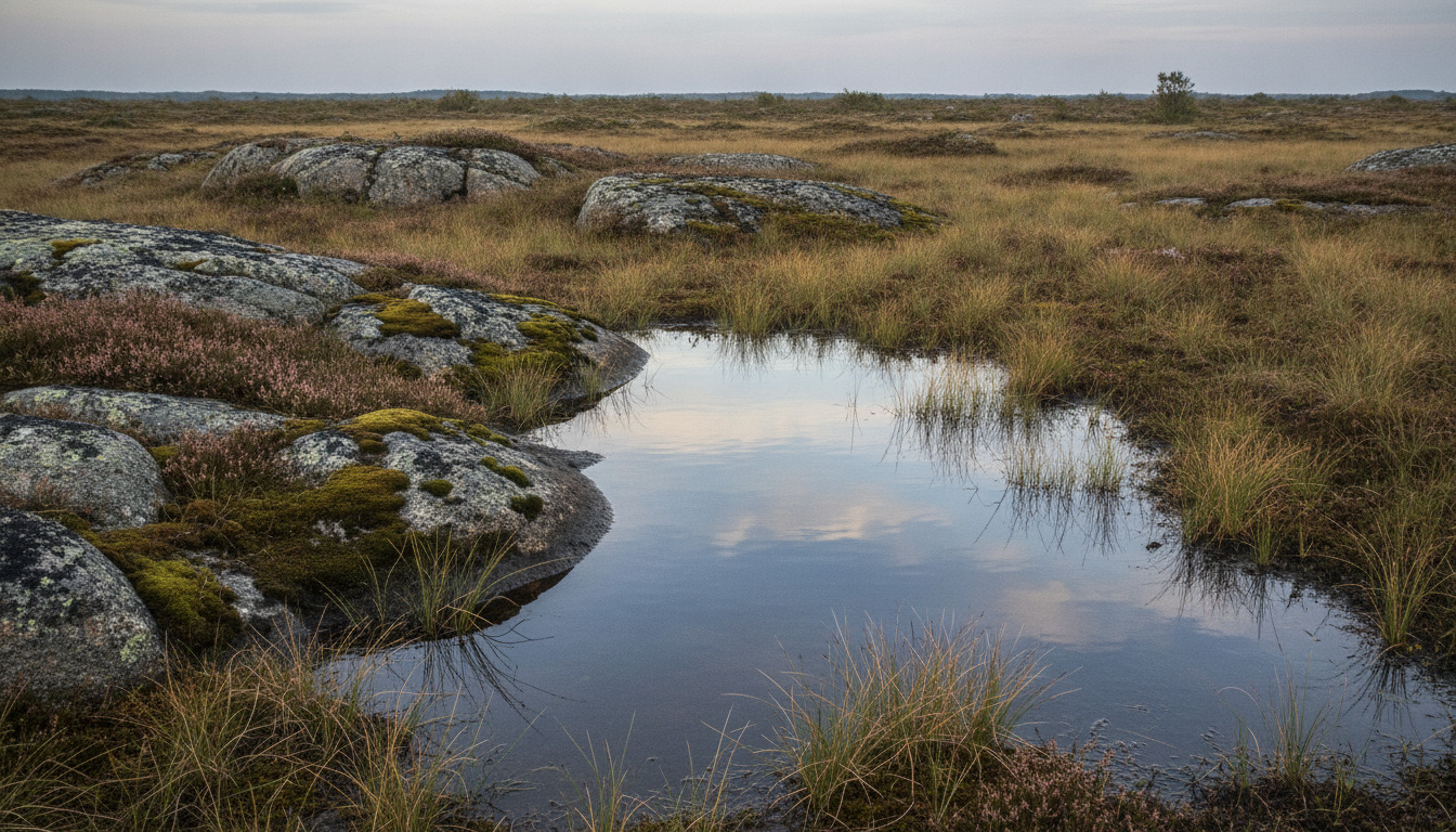 Nærbillede af mosset muld med granite klipper, lavt græs og lille vandpøl der afspejler grå nordisk himmel.