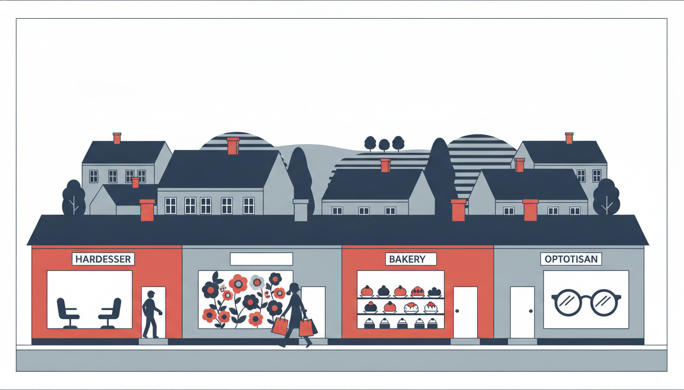 Fladtvektor illustration af en charmerende gaderækkefacade i Fjerritslev med frisørsalon, blomsterhandel, bager og optiker samt boligbygninger i baggrunden.