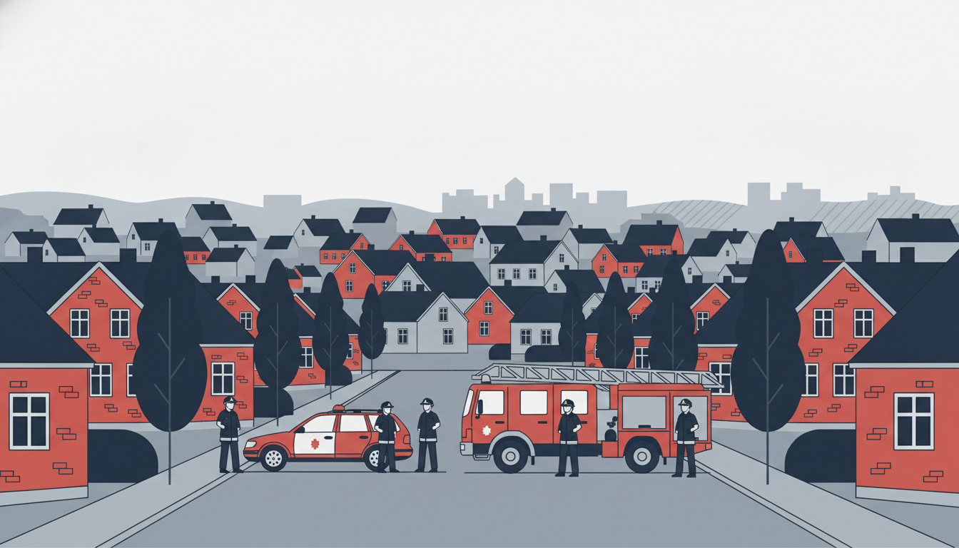 Dansk forstadsscene med røde politibil og brandsprøjte på gade omgivet af røde og hvide bolighuse med sorte tage, uniformerede redningsfolk og cyprestræer.