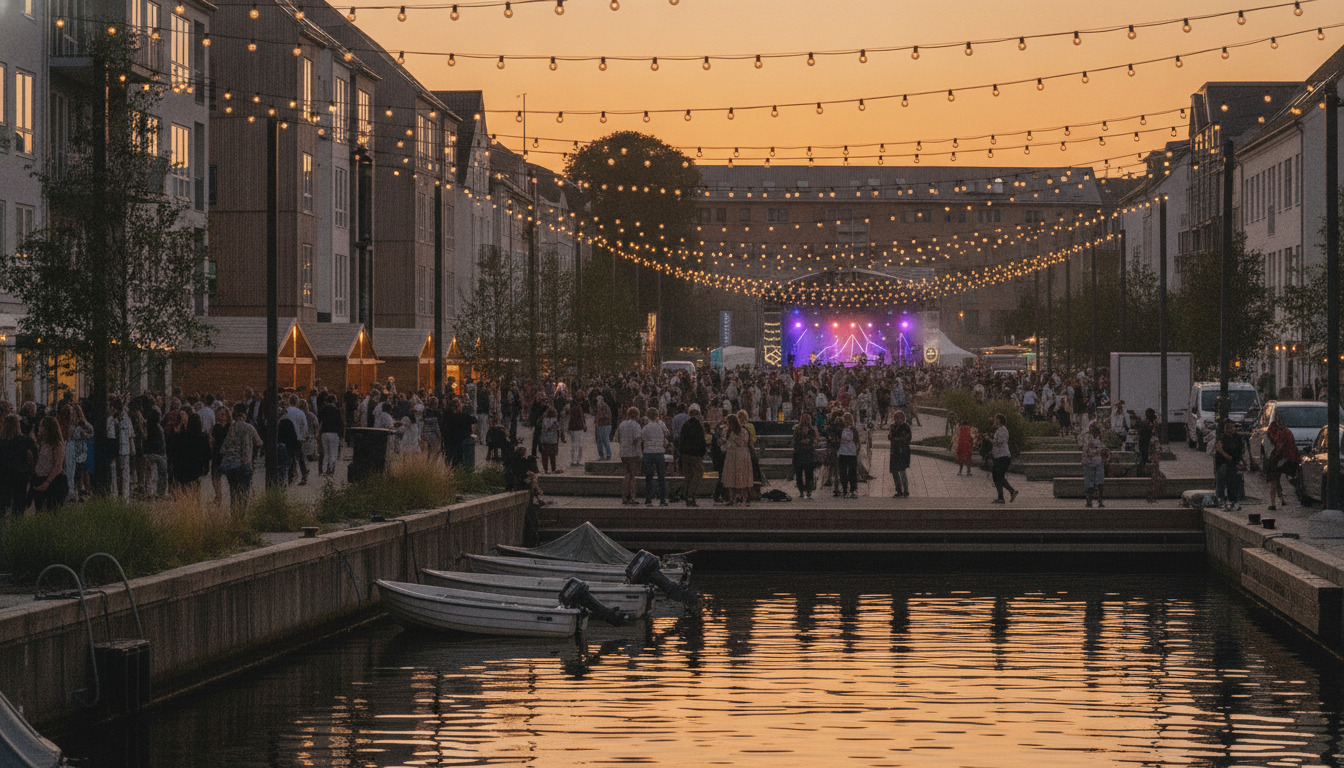 Nordisk havnefestival ved solnedgang med strængelys, kreature og folkemængde ved vandkanten.