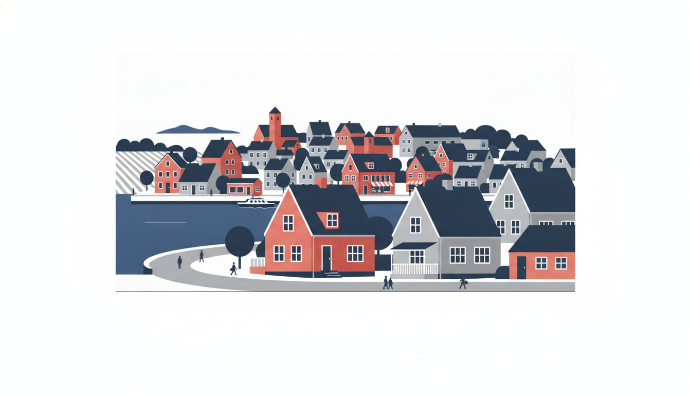 Fladvektor-illustration af et beboelsesområde ved vandet i Svendborg med en blanding af røde mursten-, hvide og grå villaer med varieret arkitekturstil, et kirketårn i skylinjen, havn med fortøjet båd og villakvartering sat op imod blåt vand og fjerne øer.