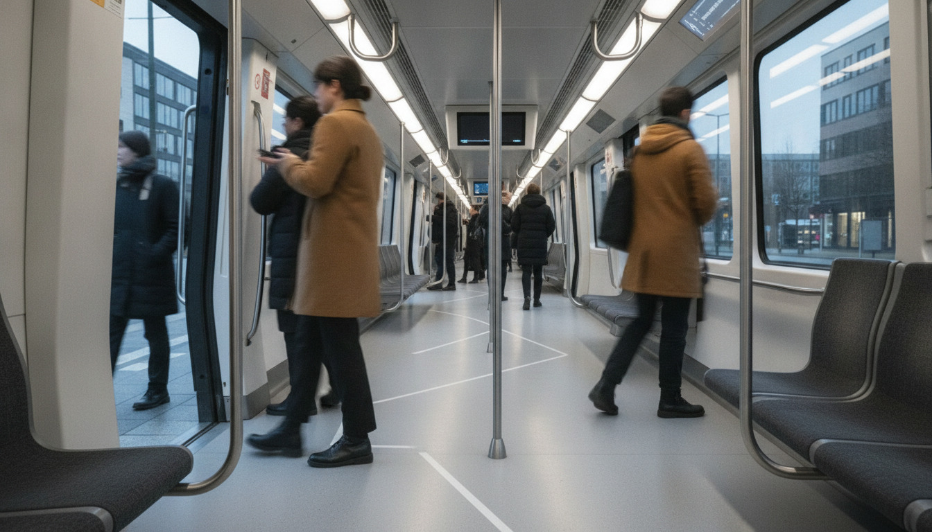 Moderne metrotog interiør med passagerer i bevægelse, uklart baggrund, generisk urbant transportscene.