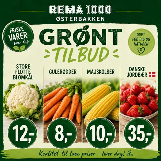Rema 1000 Rosenkrantzgade har grønne sæsonvarer fra 8 kr.