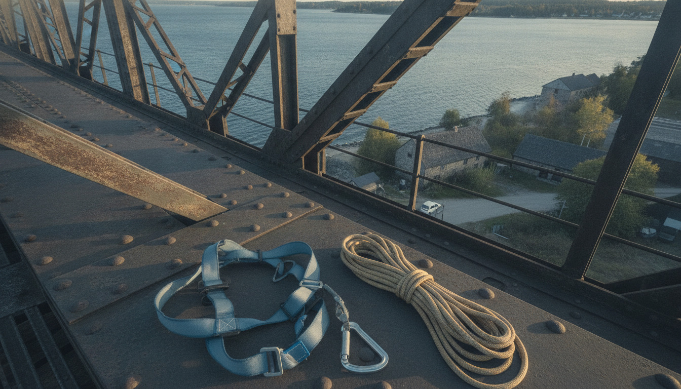 Nærbillede af rustne stålbjælker, nitter og sikkerhedsudstyr på en industriel brostruktur med fjern vandlandskab.