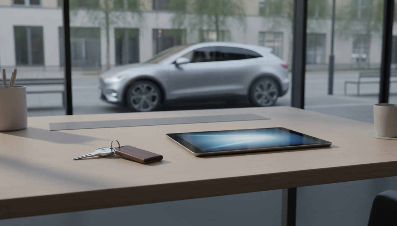 Nærbillede af bilnøgler og tablet på minimalistisk skrivebord med nordisk dagslys.