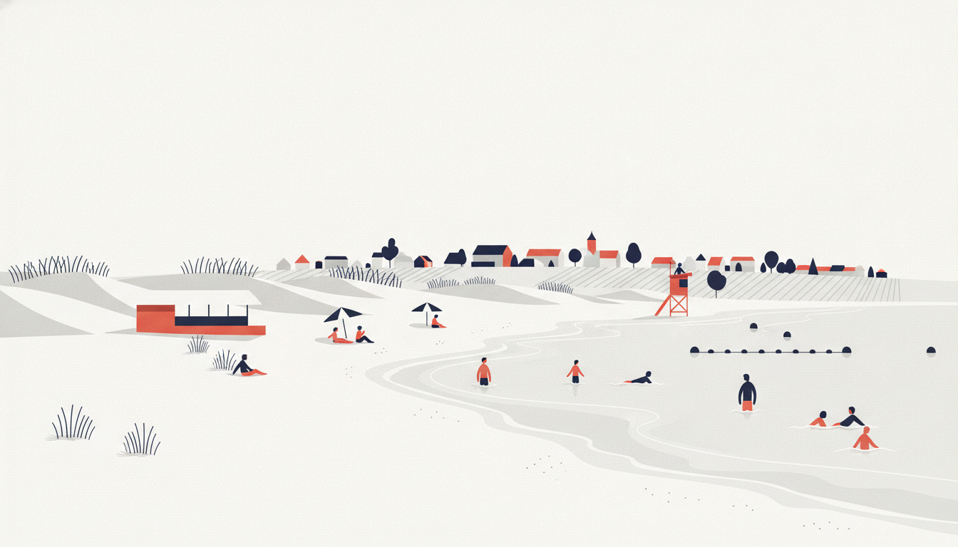 Flad vektorillustration af Hornbæk Strand: en bred sandstrand med klitter, strandvegetation, badegæster der svømmer og slapper af, en rød strandpavilloner med markise og et orange livredningsposttårn, der overvåger vandet.