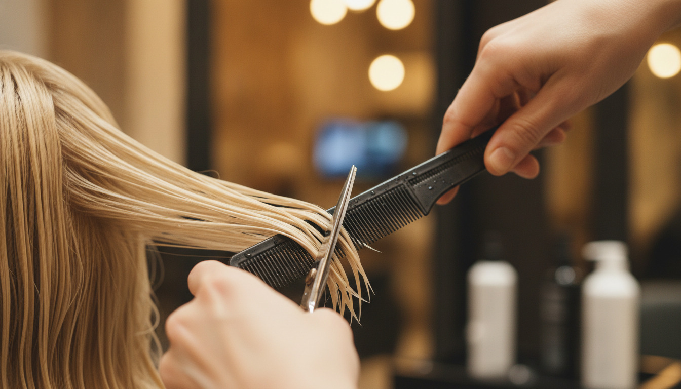 Frisørs hænder klipper blondt hår med saks og kam i varmt salonlys.