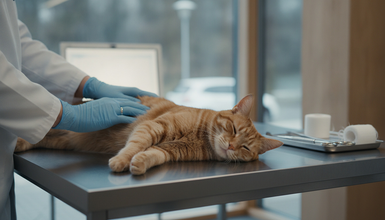 Dyrlæge med blå handsker undersøger en ro katten på en undersøgelsesbord på en dyreklinik.