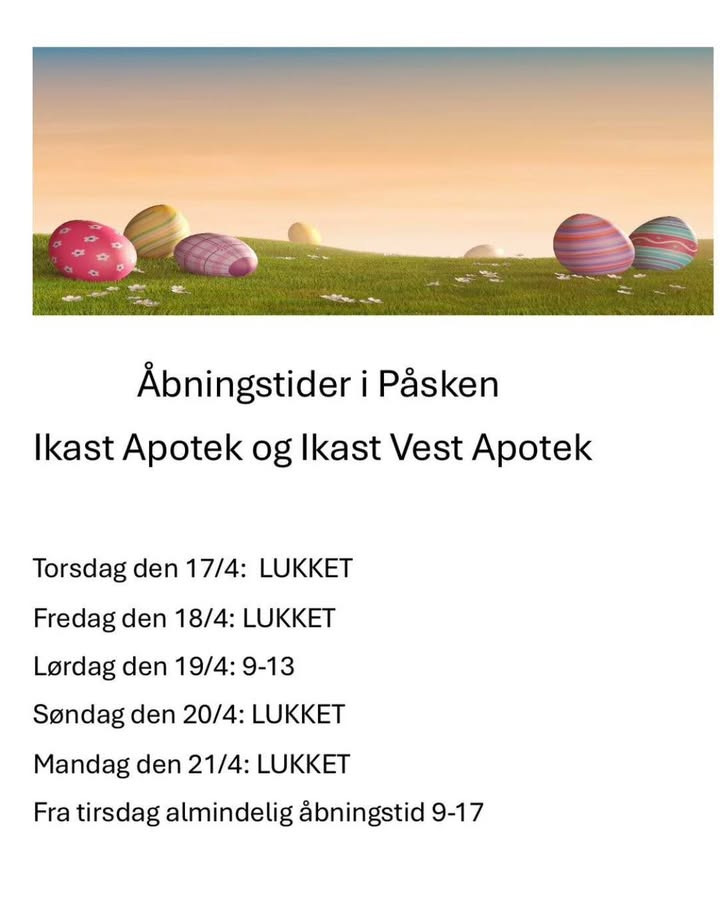 Ikast Apotek informerer om lukketider i påsken og henviser til Herning Løve Apotek