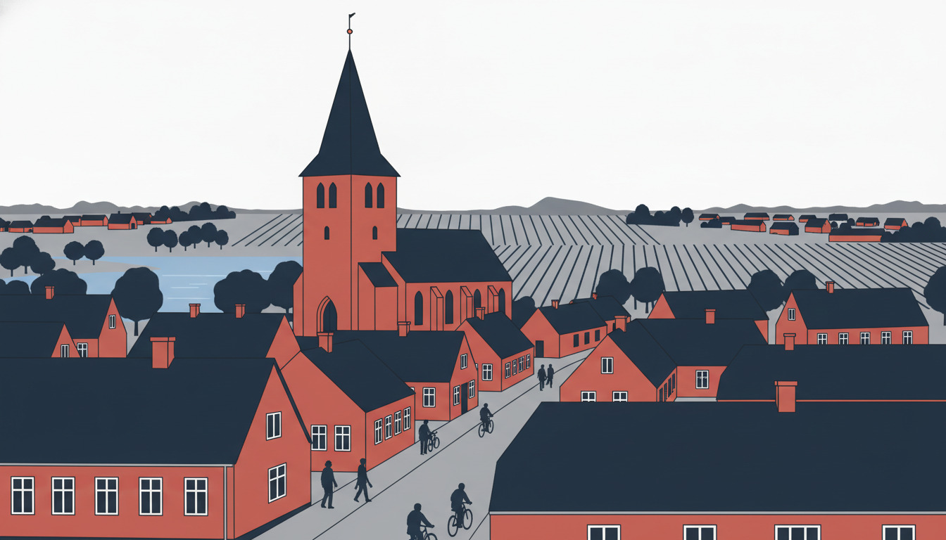 Solbjerg Kirke med sit rødstens tårn og mørkt spir dominerer et kuperet dansk bylandskab, omgivet af traditionelle røde huse, grønne marker og en sø, som fanger det rurale morænepræg i Aarhus Kommune.