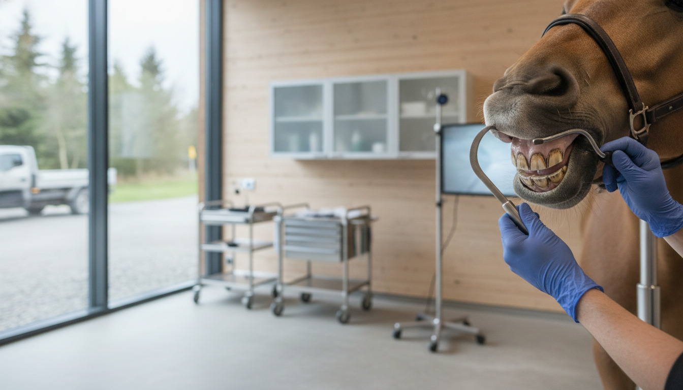 Dyrlæges blå handsker holder tandplejeværktøj ved en hests mund under klinisk undersøgelse.