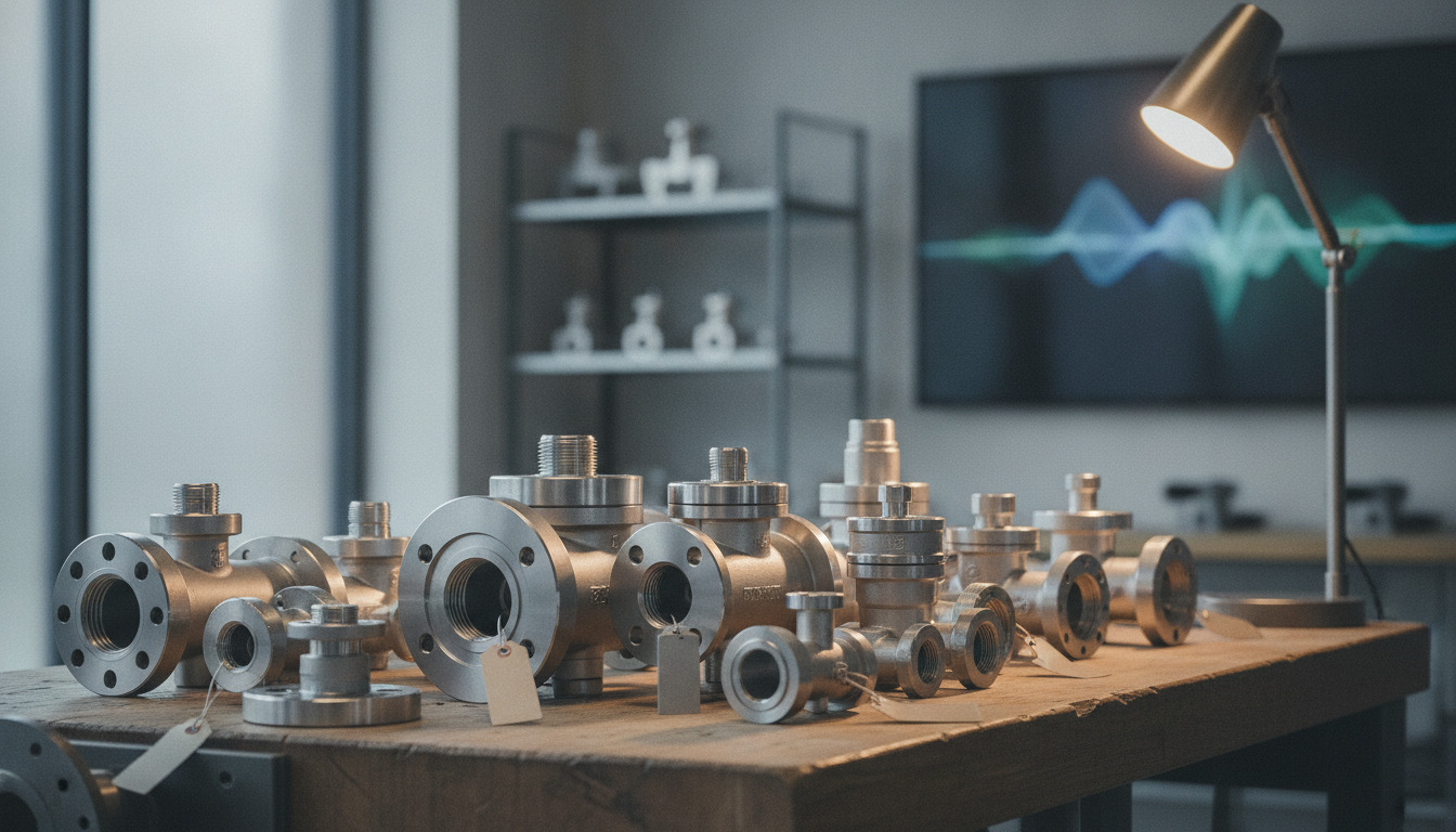 Præcisions-industriventiler og metalfittings på arbejdsbænk under varmt professionelt lys.