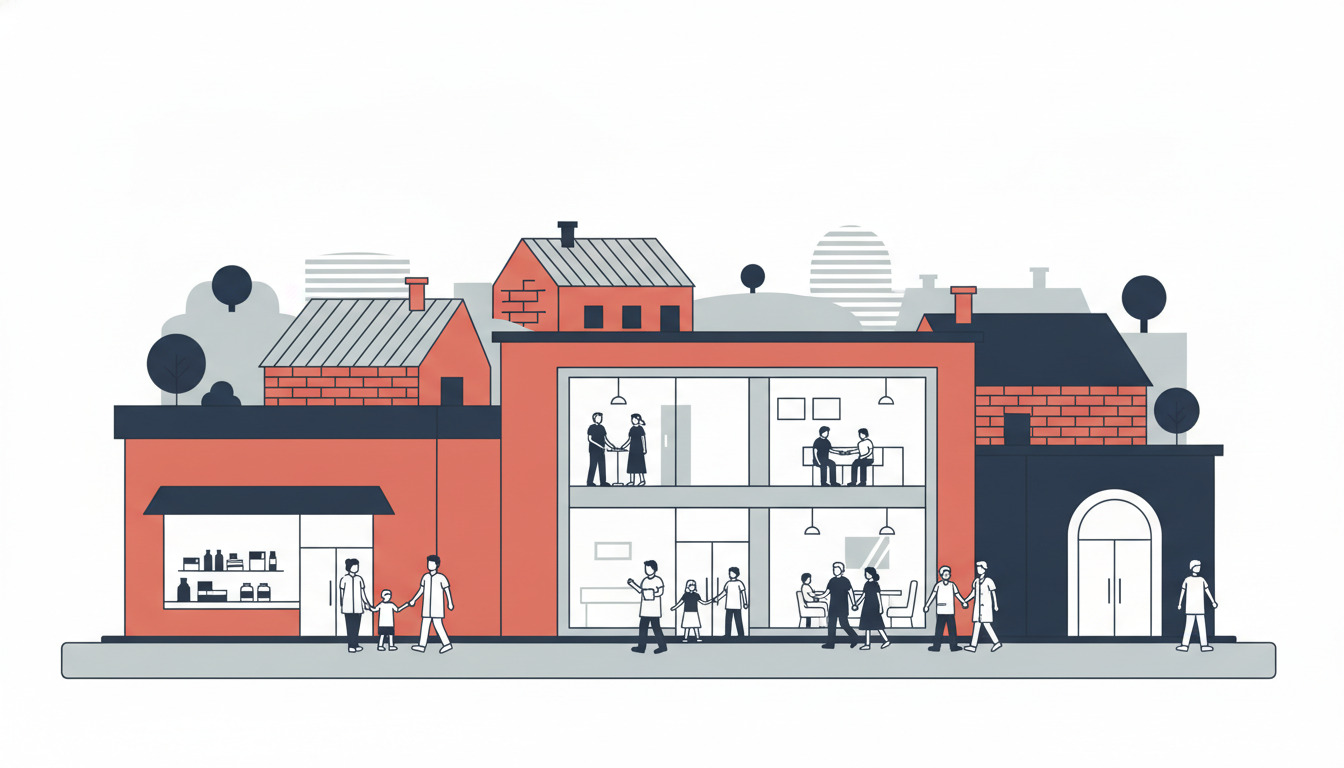 En moderne sundhedsplads i Hadsten med en klinikbygning med store vinduer, apotek og tandlægepraksis. Patienter og fagfolk af forskellige aldre, inklusive familier, er ved indgangen og i receptionen.