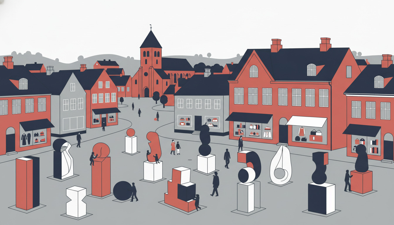 Gives bytorv med romansk kirke, røde murstensbyggeri og abstrakte skulpturer i forgrunden, som afbilleder det danske kulturelle destinationspunkts friluftsgalleri.
