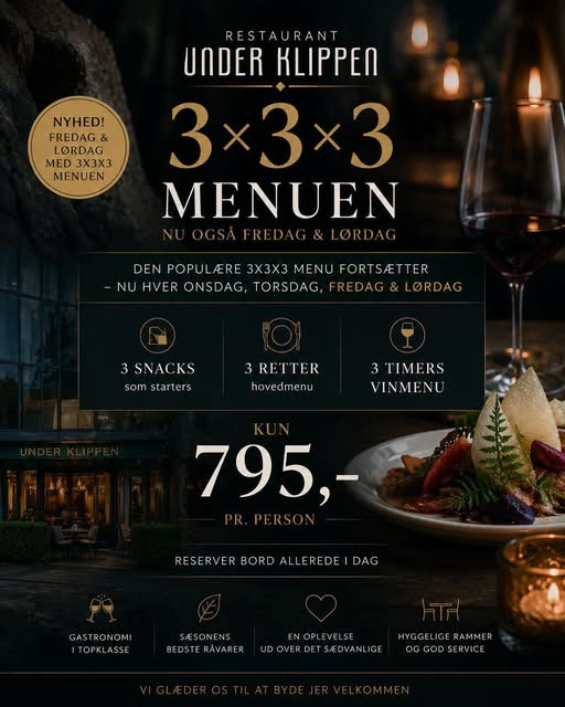 Restaurant Under Klippen tilbyder booking af 3x3x3 fredag og lørdag