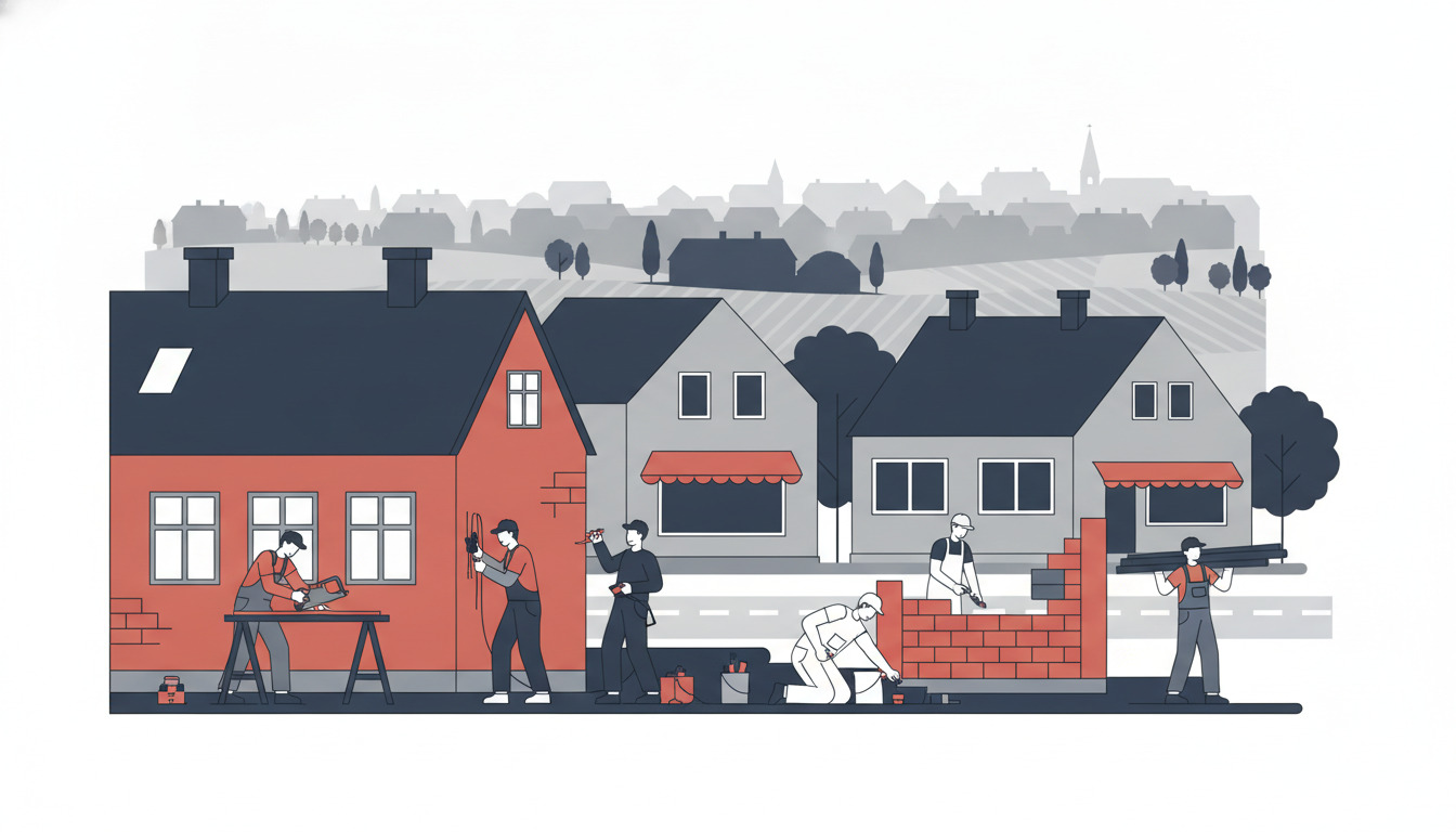 Fladvektor-illustration af håndværkere, der arbejder i Ryomgård: snedker ved arbejdsbænk, elektriker med værktøj, maler, murer på mursten-væg og VVS-installatør med rør, sat mod byens tage.