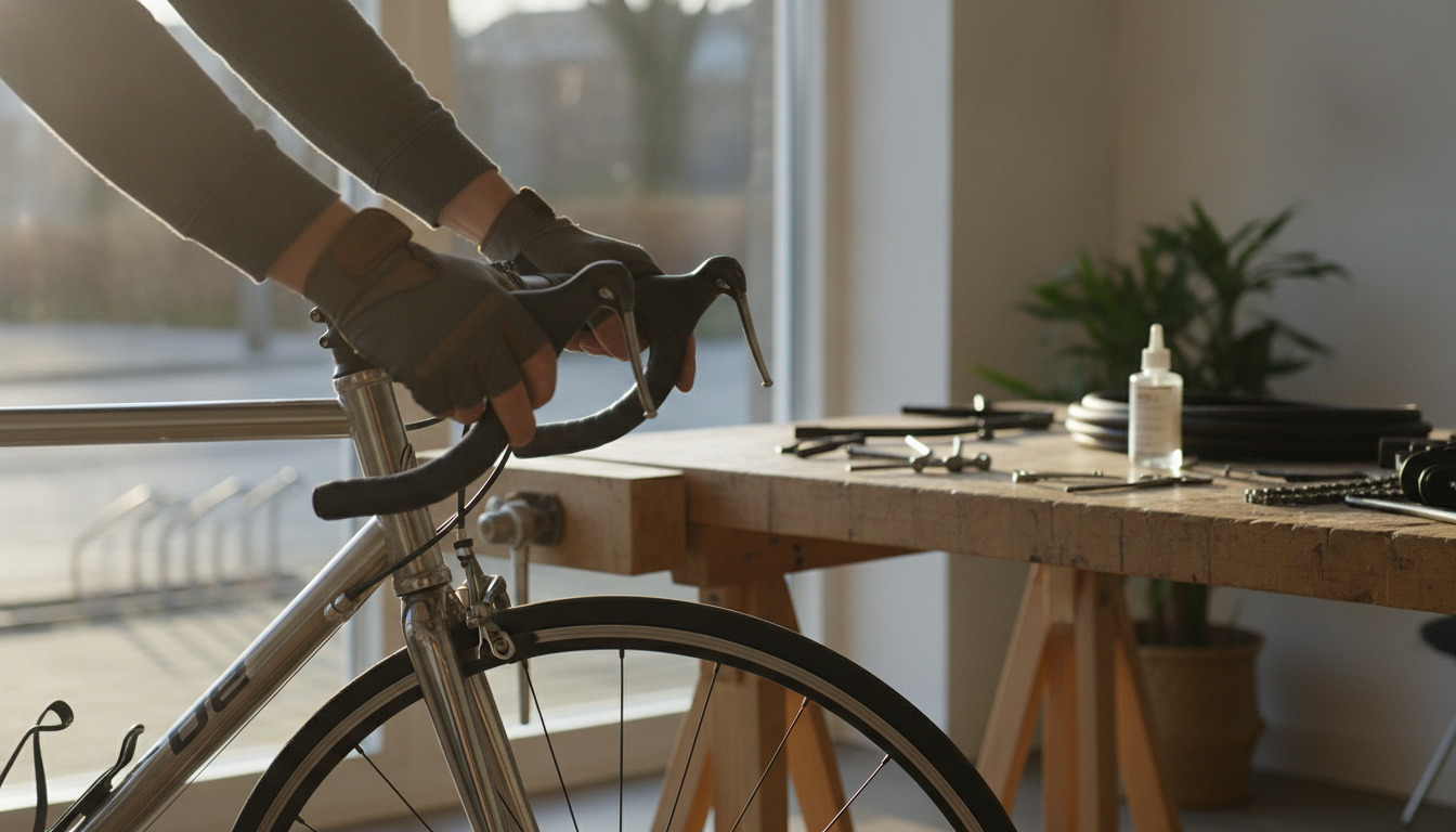 Cykelreparatør holder cykelstyr med begge hænder i varmt dagslys — tæt detalje af hænder og stel.