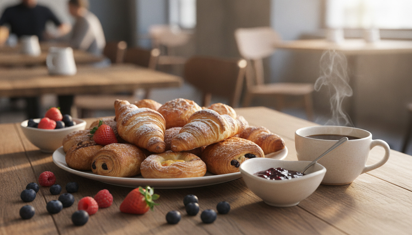 Friskbagt brunchbord med croissanter, bær, kaffe og marmelade på træbord i naturligt lys.