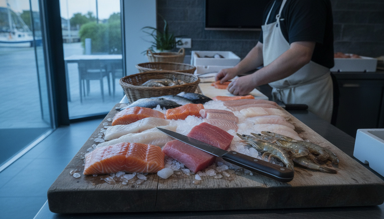 Friske fiskefileter og skaldyr på træskærebræt med is og kniv, hænder arbejder i baggrund.