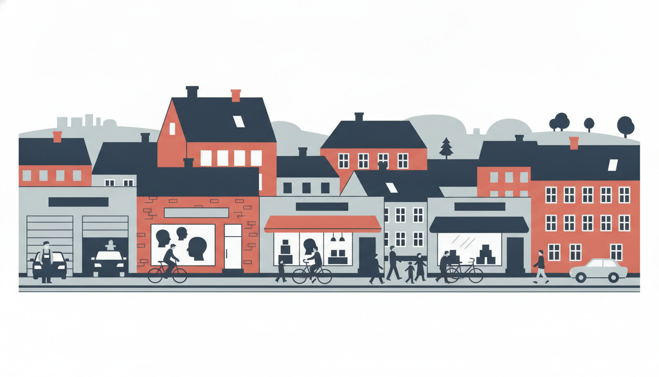 En illustreret gadesce fra Lemvig med blandede små erhverv og services: mekaniker, frisør, butikker og kontorbygninger med mennesker, cykler og biler på en typisk skandinavisk hovedgade.