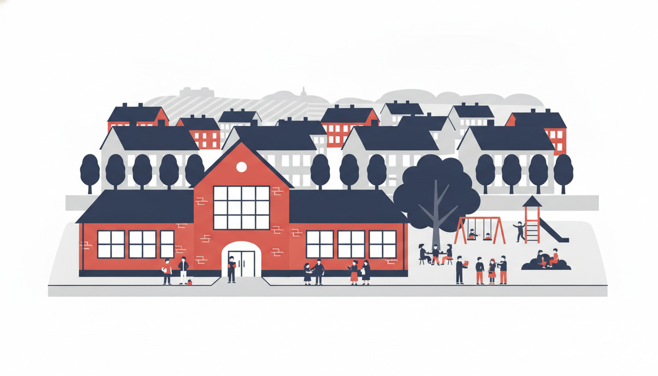 Spjald Skole, en lysende rød-muret skolebygning med store vinduer og et spidst tag, udgør midtpunktet på et dansk torv. Børn leger og lærer i forgrunden; beboelsesbygninger og træer ligger i baggrunden.