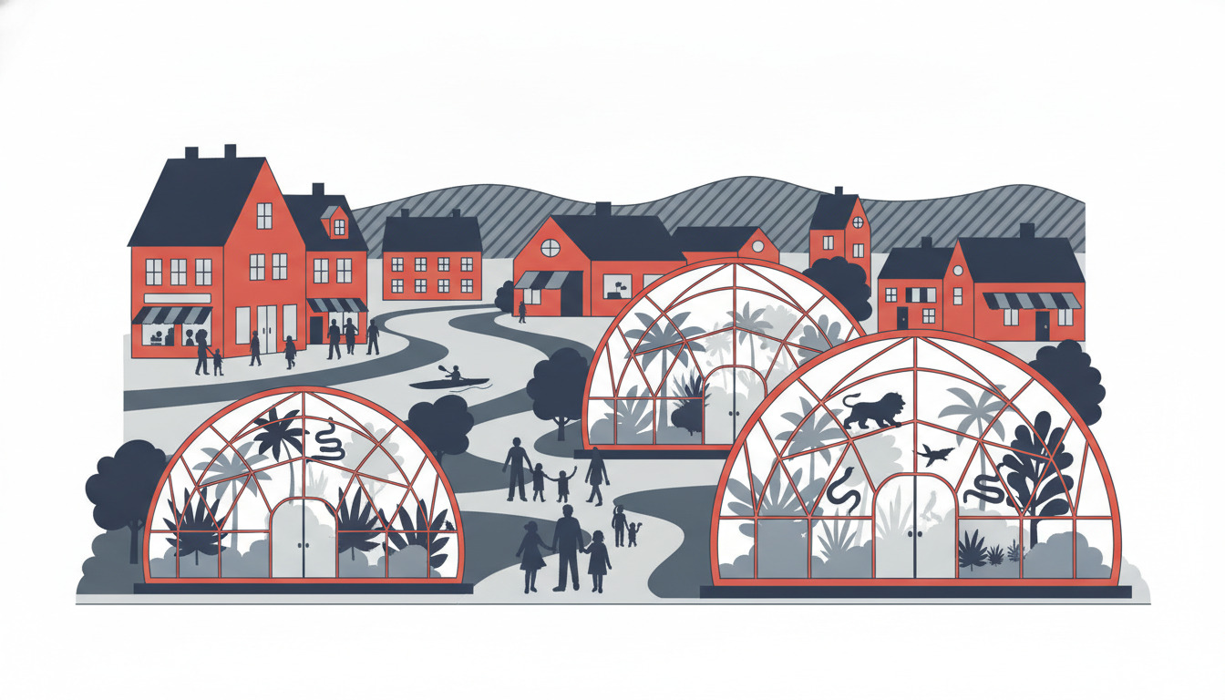 Fladtvektorillustration af Randers Regnskov med karakteristiske rødt-rammet glaskupler, der huser tropiske planter og dyr, besøgende, der udforsker stierne, en snoet flod og røde mursten-bygninger med mørke tage i baggrunden.