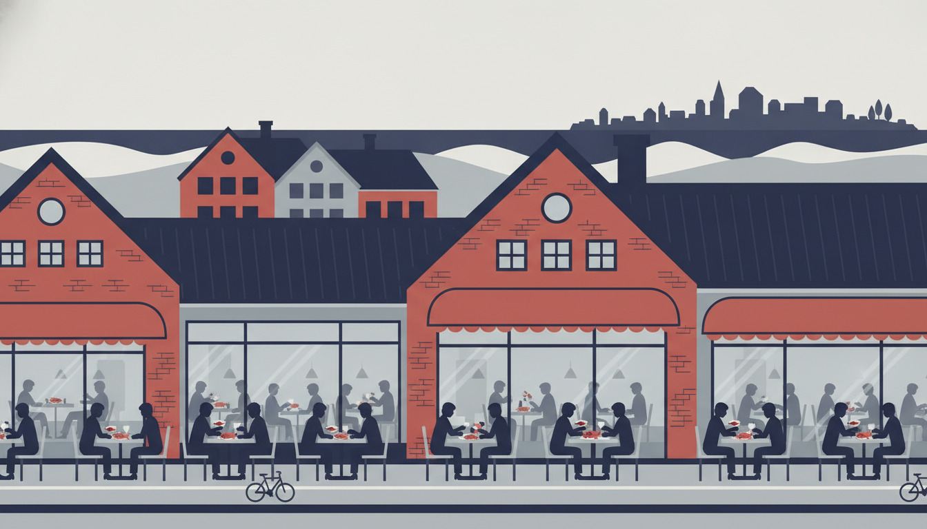 Flad vektorillustration af kystdining i Blåvand: røde mursten-restauranter med store vinduer, der viser spisende gæster, sandklitter og sølandskab bagved, traditionel dansk arkitektur, cykler på promenaden.