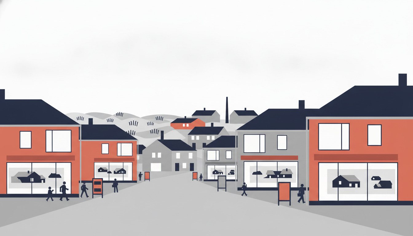 Flad vektorillustration af en dansk kystmægler-gade i Blåvand, med moderne butiksfacader, der viser ejendomsannoncer, store vinduer, orange og grå bygninger, personer og klitvegetation i baggrunden.