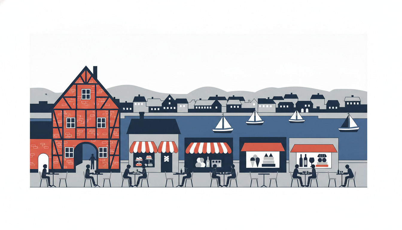 Ringkøbing havn med rød bindingsværkrestaurant, farvede cafémarkiser, gæster ved borde, sejlbåde på fjorden og historiske townhouses på den anden side af vandet.