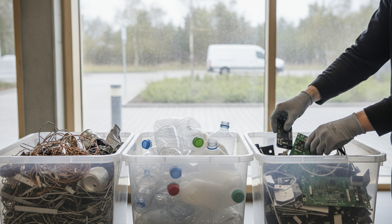 Nærbillede af sortering af elektronikskrot og genbrugsmaterialer i plastbeholdere med handskede hænder.