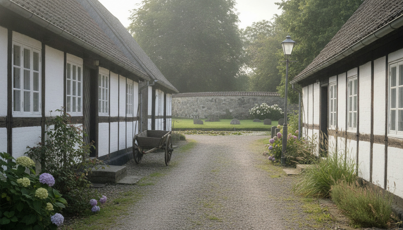 Snæver grusvej mellem gamle bindingsværkshuse med hvidkalkede vægge og blomstrende have.