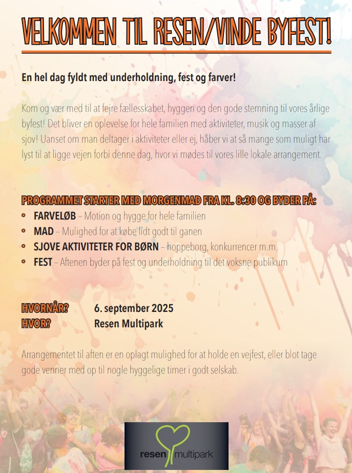 Resen/Vinde byfest 2025 tilbyder farveløb og aftenfest