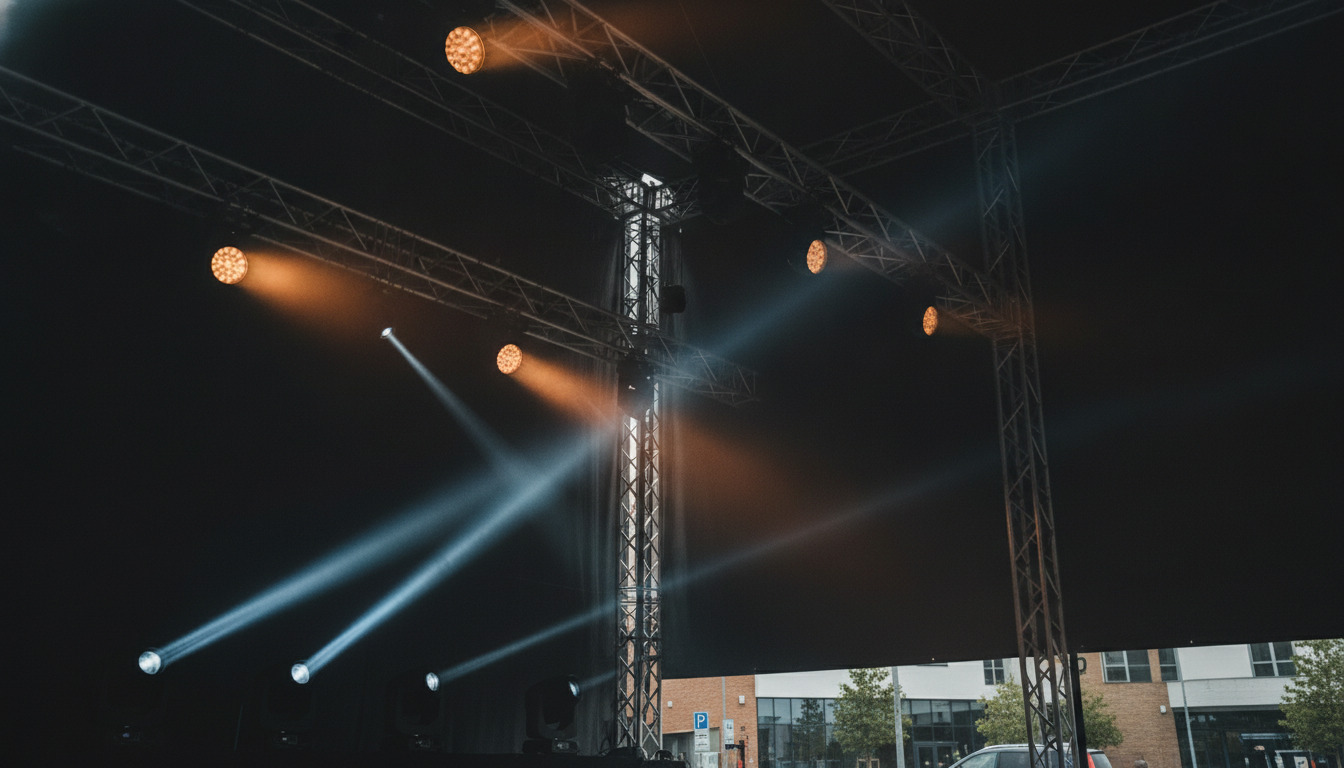 Dramatisk koncertsceneopsætning med professionelle spotlights i varme og kolde toner mod mørk himmel.