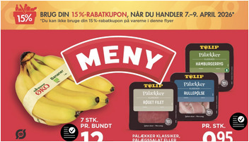 Økologiske bananer til 12 kr. og Tulip pålæg til 9,95 kr. hos Meny