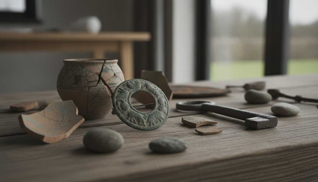 Arkæologiske genstande fra vikingetid og middelalder ordnet på træbord i dæmpet lys.