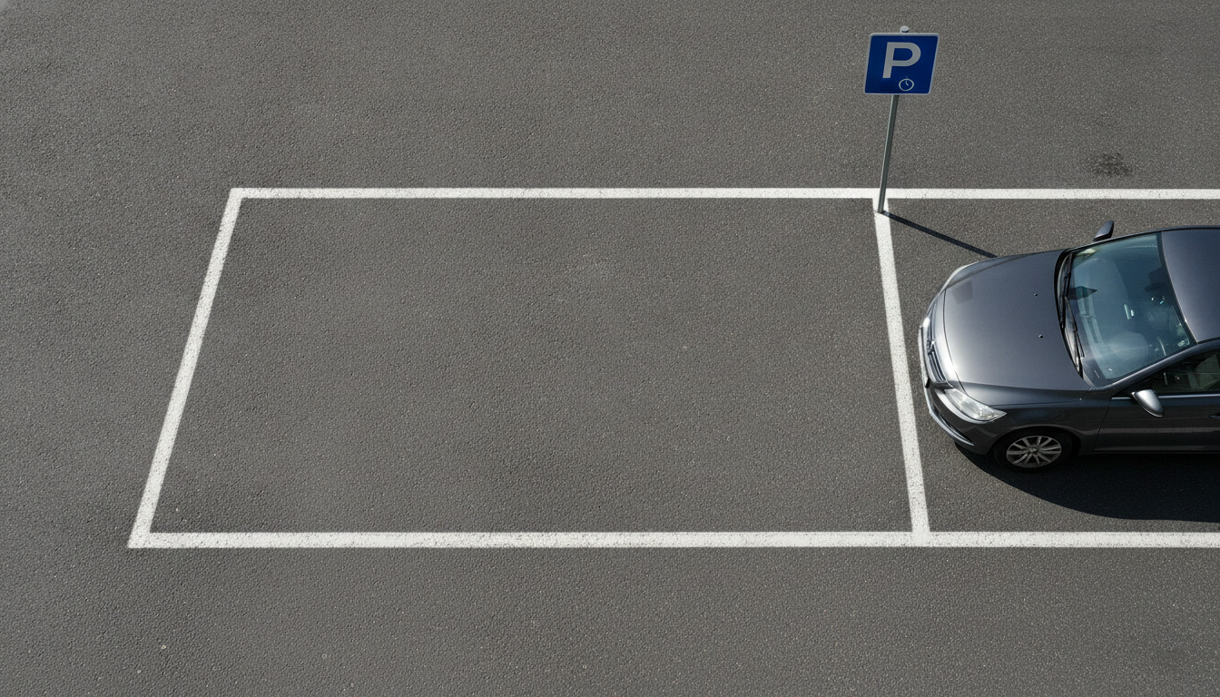 Luftfoto af parkeringslinje med hvide markeringer og blå P-skilt på asfalten.